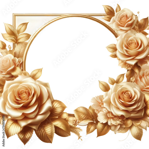  Photo frame of the golden rose. Image frame with bloom spring golden pink rose.