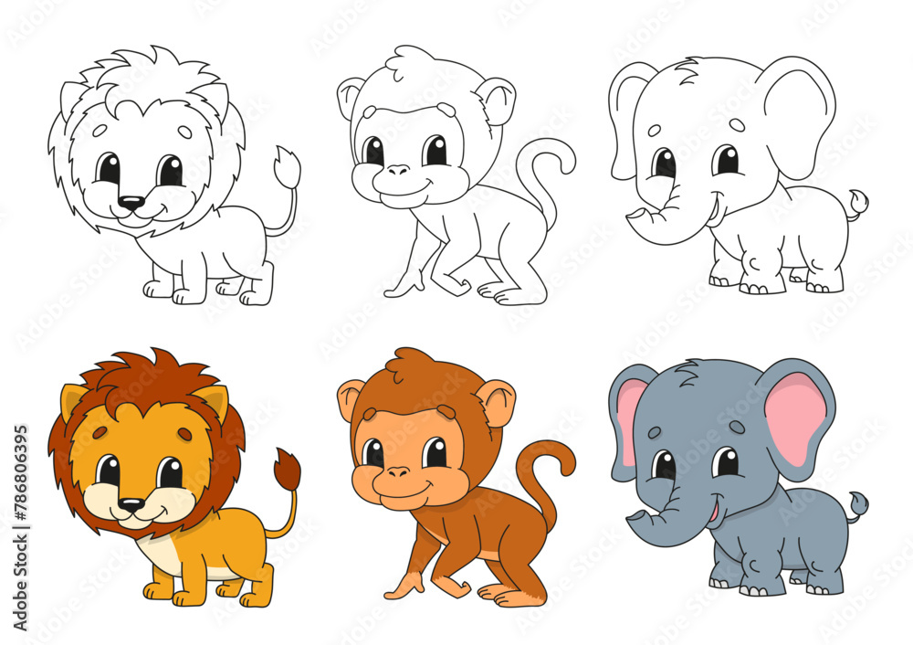 Naklejka premium Set coloring page for kids. Cute cartoon characters. Black stroke. With sample. Bright stickers. Vector illustration.
