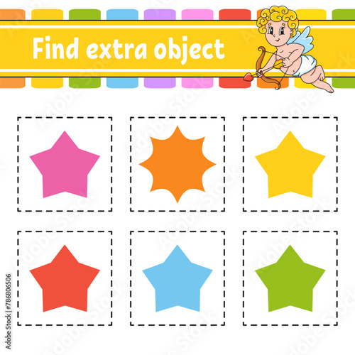 Find extra object. Educational activity worksheet for kids and toddlers. Game for children. Cute characters. Vector illustration.