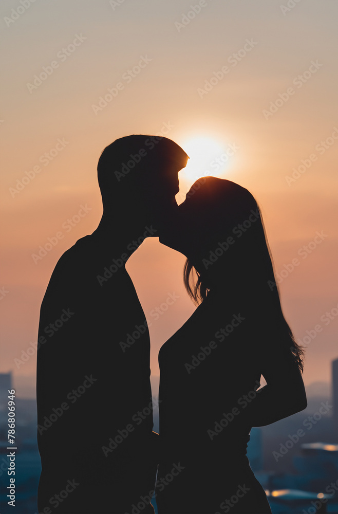 Silhouette of Young Couple Kissing with City Skyline Background