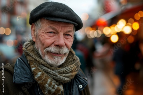 Portrait of an elderly man with a gray beard and a beret on the background of the Christmas market.