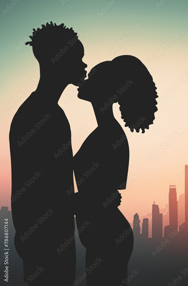 Silhouette of Young Couple Kissing with City Skyline Background Silhouette of Young Couple Kissing with City Skyline Background