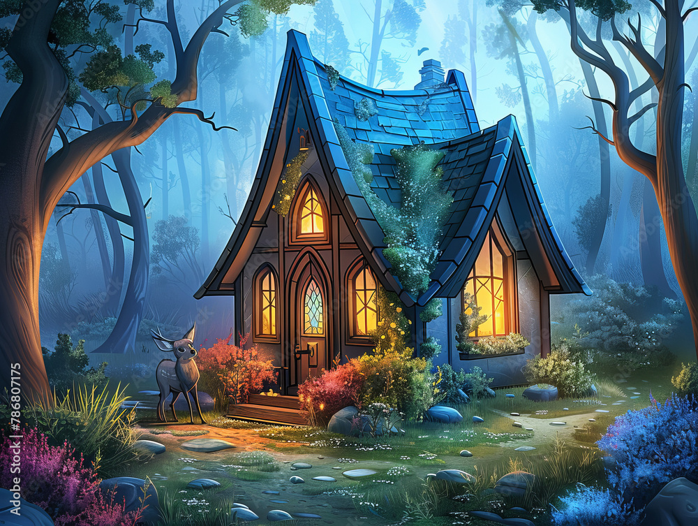 A small cottage in the middle of a dense forest. The cottage is made of ...