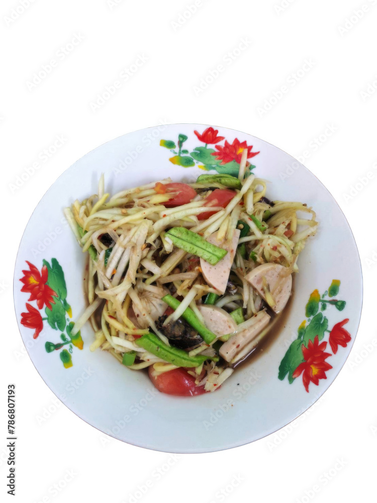Somtam with pork sausage and crab and fermented fish on a plate. Somtam with pork sausage and crab and fermented fish on a plate.