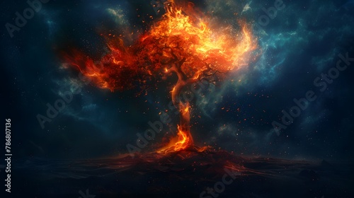 A tree with fire coming out of it. The sky is dark and the tree is surrounded by a lot of fire