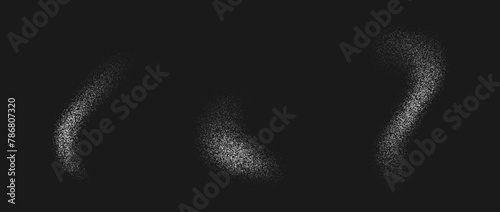 White powder splashes set. Salt, sugar of flour splattered granules collection. Snow, dust or sand textured overlay pack. Grunge grainy sprayed speckles, dots, stains. Vector grain background bundle