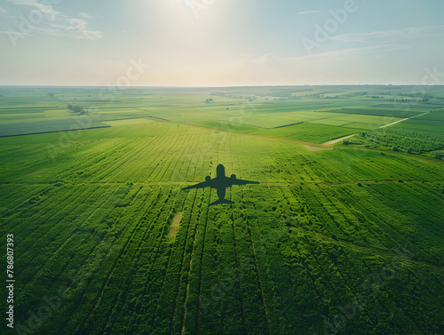 Aerial Drone Captures Commercial Airplane Flying Over Lush Green Farmland in Scenic Countryside Landscape.