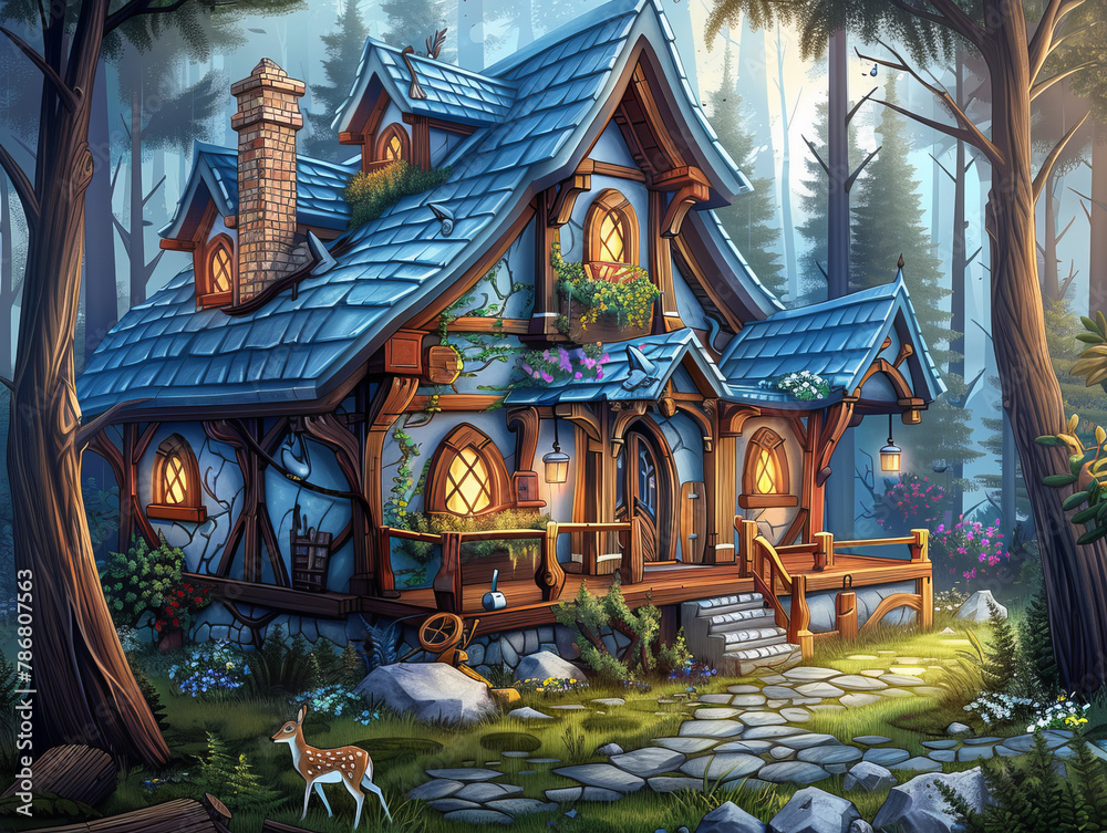 Fototapeta premium A small cottage in the woods with a blue roof and a stone chimney surrounded by trees and flowers
