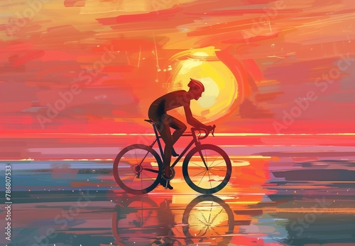 Sunset Cycling Adventure: Silhouette of a woman riding a bike against a vibrant sky, blending sport and nature in an outdoor journey