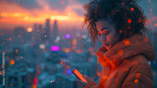 Woman and smartphone against city skyline, symbolizing 5G integration, with light particles heralding a new era in connectivity.generative ai photo
