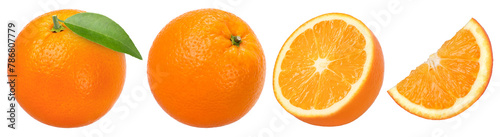 Orange fruit with leaves, half and slices isolated, Orange fruit macro studio photo, transparent PNG, collection, PNG format, cut out.
