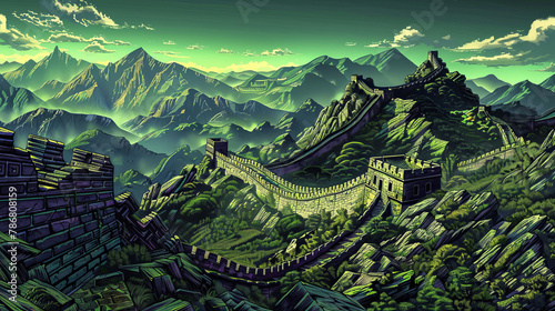 A watercolor painting of the great wall of China, with watch towers and mountains in the background photo
