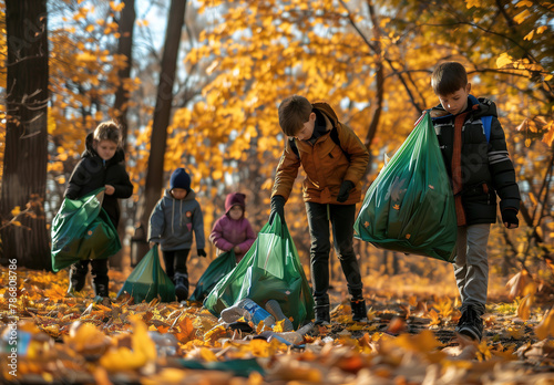 Group of children in jackets are participating in cleanup activity and picking up trash in autumnal park, gathering litter with plastic bags