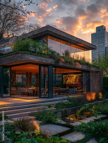 Modern House with Rooftop Garden at Sunset