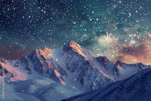 A mountain range covered in snow with a bright moon in the sky