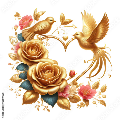 Golden rose floral heart photo frame with Love birds and wings. Image frame with bloom spring golden pink rose.