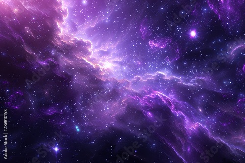 Electric blue nebula in the purple galaxy, full of stars