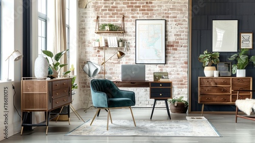 A modern office space with a brick wall and a green chair photo
