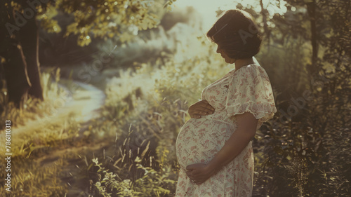 a pregnant woman from the side almost touching her belly. the picture is supposed to look like a 1990s vintage photograph,generative ai photo