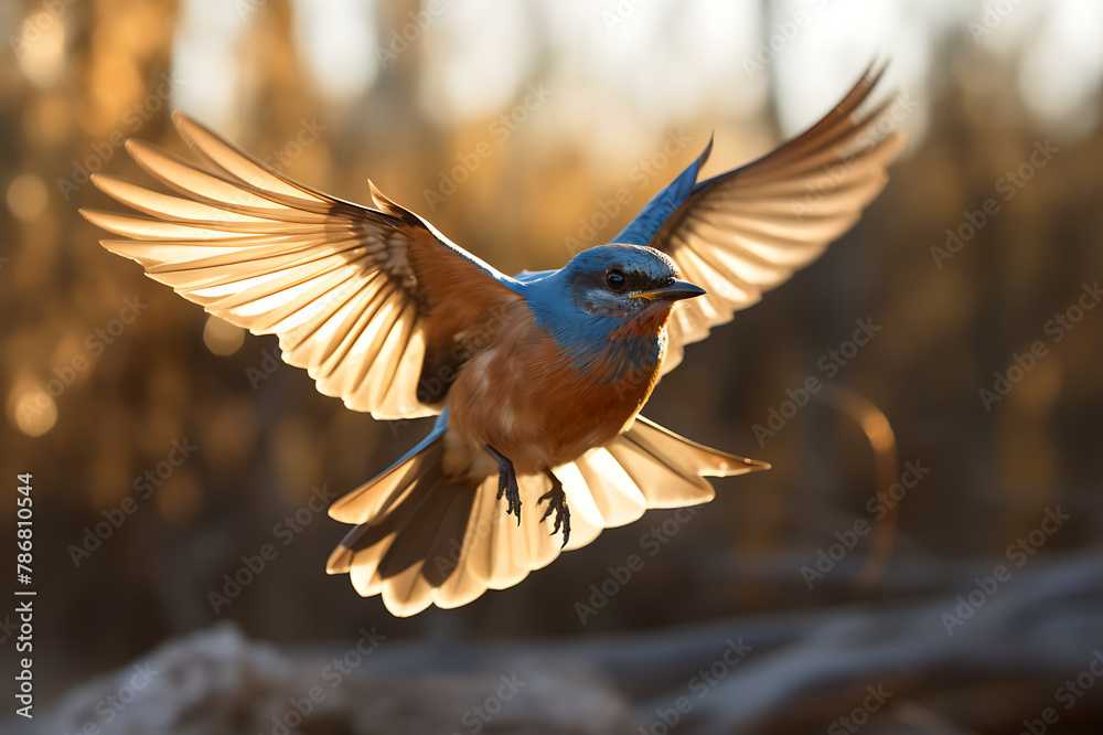 Male Eastern Bluebird flying in the autumn forest Male Eastern Bluebird flying in the autumn forest