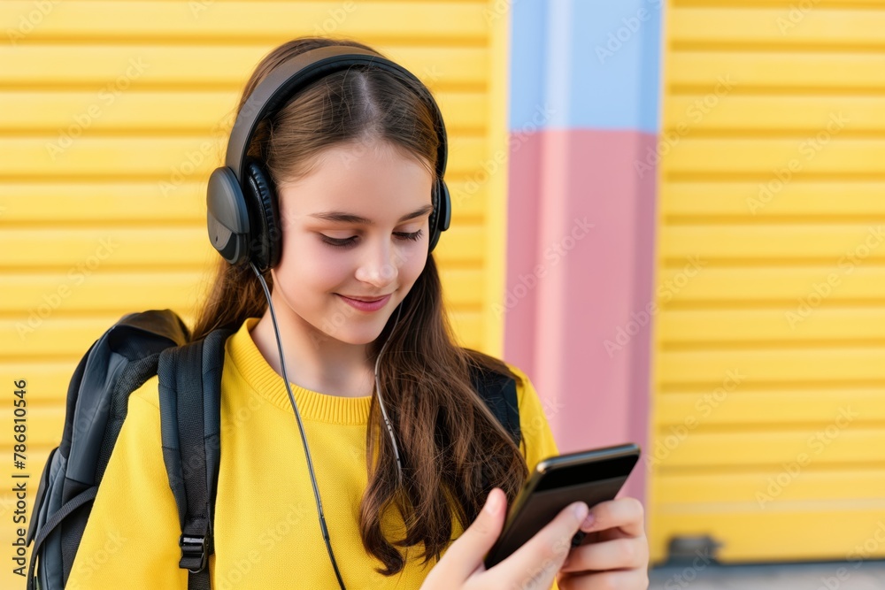 A happy teen enjoys music on her phone with colorful urban backdrop A happy teen enjoys music on her phone with colorful urban backdrop