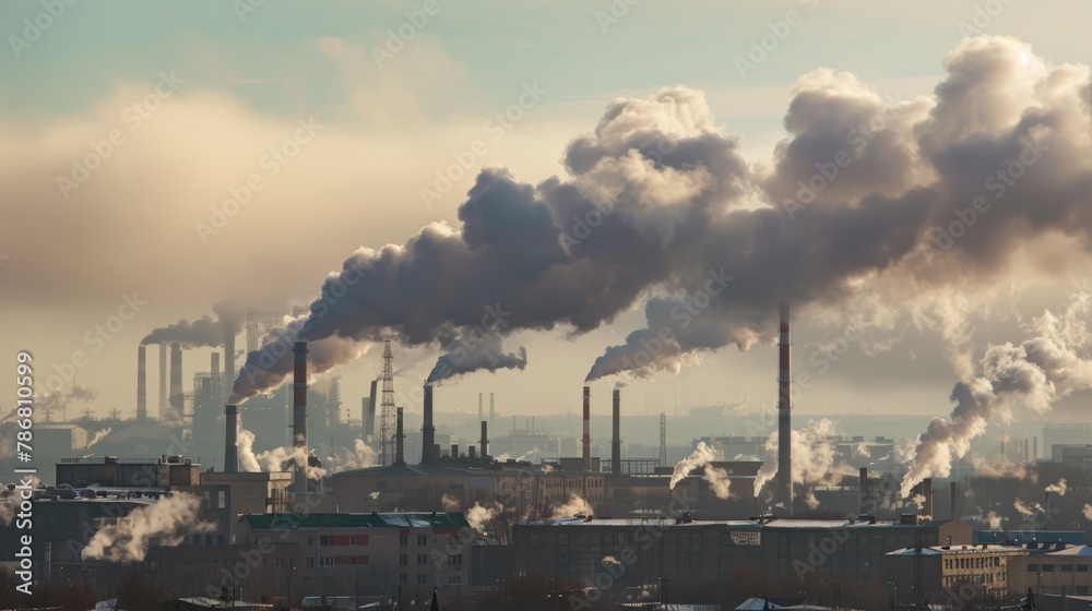 Smoke billows from industrial buildings stacks in a polluted cityscape