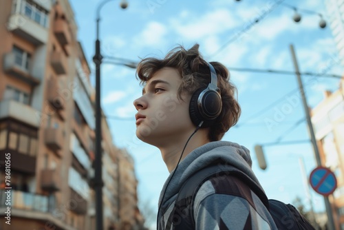 A teenage male immersed in music, wearing headphones, and holding a phone on an urban street photo