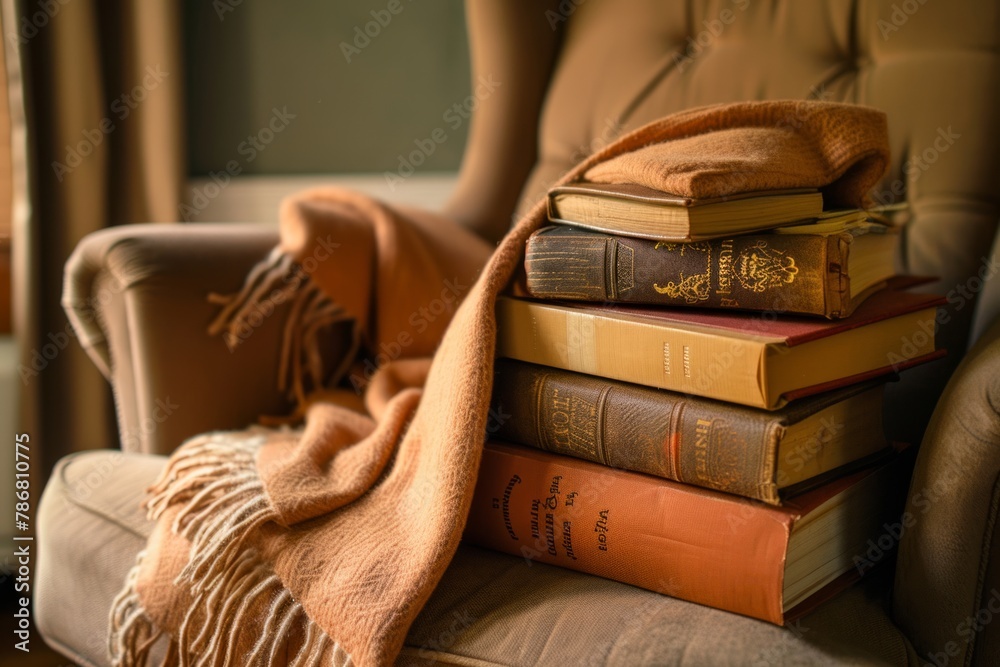A stack of books is piled on top of a chair - obrazy, fototapety, plakaty 