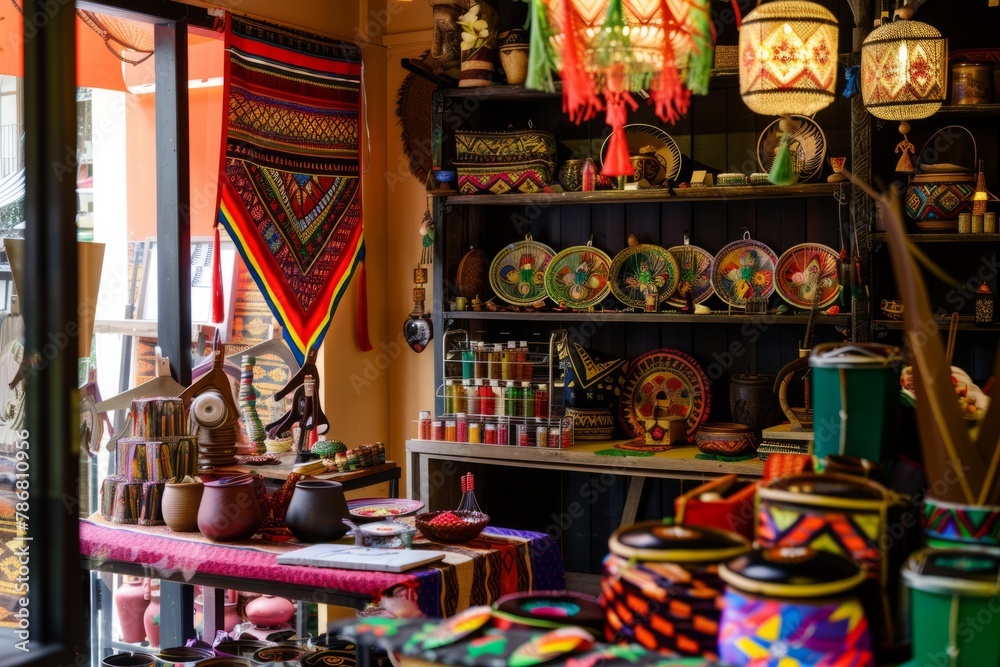 A themed pop-up shop celebrating a cultural festival, with vibrant decorations, traditional crafts, and lively music, Generative AI