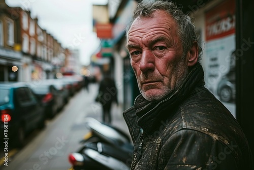 Portrait of an old man in a leather jacket on the street.