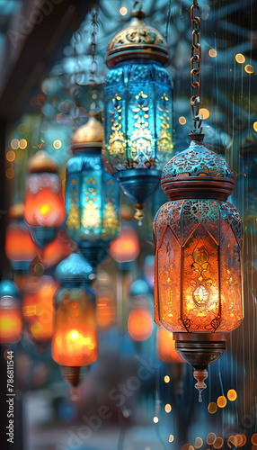 Vibrant lanterns illuminate the city event with glass ornaments