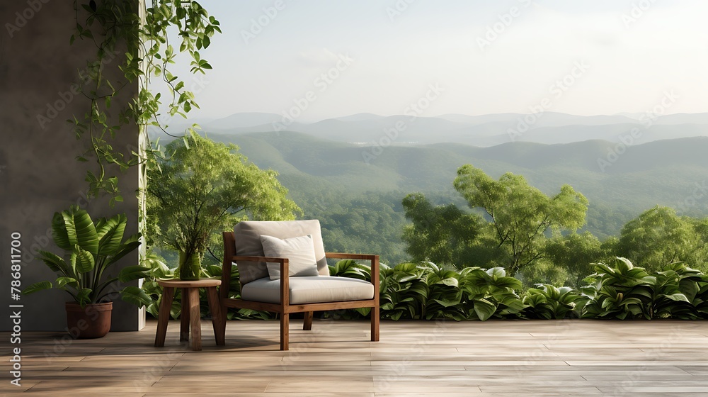 Mockup empty concrete wall on rustic balcony. Farmhouse nature outdoor living area with boho wicker wooden armchair. Panoramic sky view with green plants 