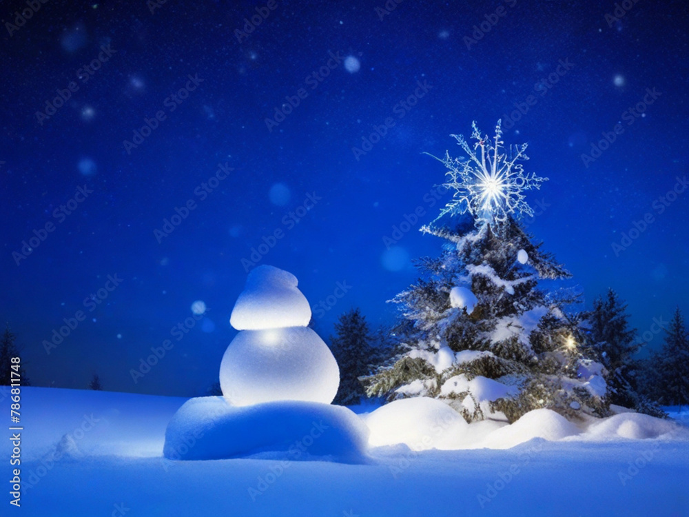 christmas tree with snowman and snowflakes