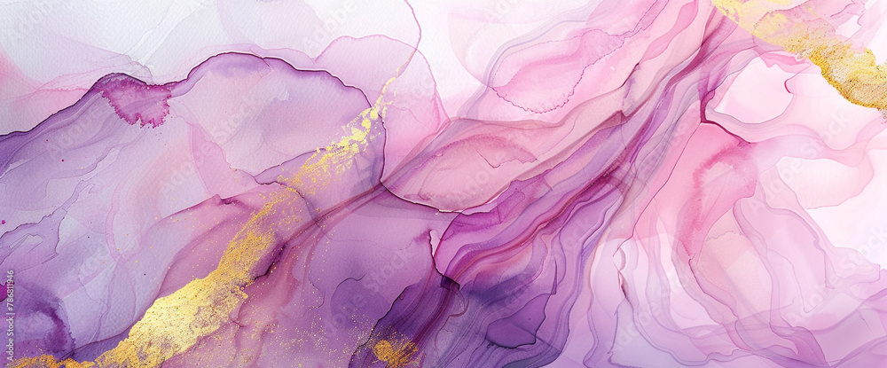 Soft pastel pink and purple hues blend harmoniously in a mesmerizing watercolor background, adorned with elegant gold marble lines