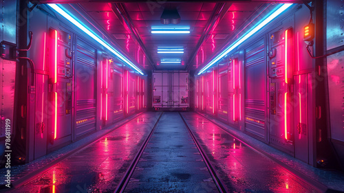 a cargo bay of a truck addressed as a music band , magenta and blue neon lights,generative ai