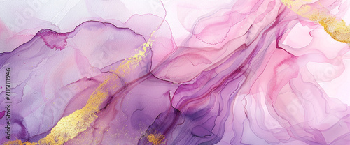 Soft pastel pink and purple hues blend harmoniously in a mesmerizing watercolor background, adorned with elegant gold marble lines