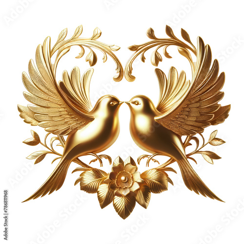 Golden emblem heart with Love birds and wings. Luxurious decoration for the Palace.