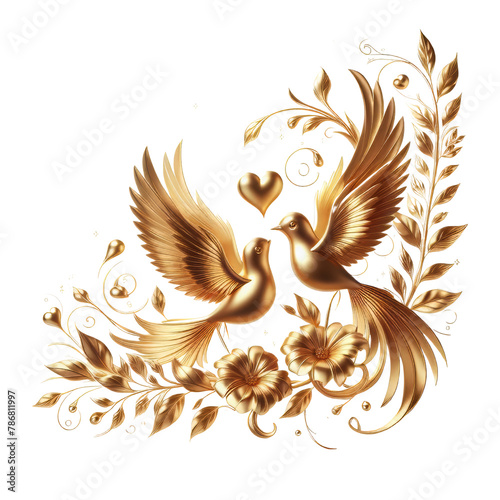 Golden Love birds with a heart and floral branches.