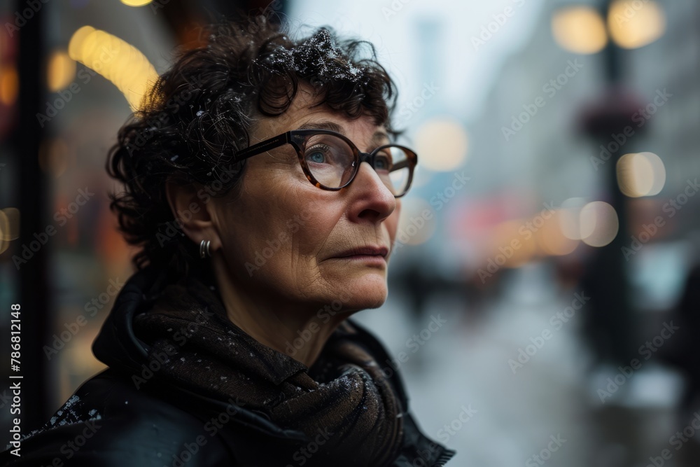 Portrait of a middle-aged woman with glasses in the city