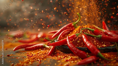 Copy Space Hot red chili pepper, fresh red hot chillies with chilli flakes design advertisement element
