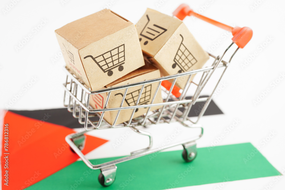 Online shopping, Shopping cart box on Palestine flag, import export, finance commerce.