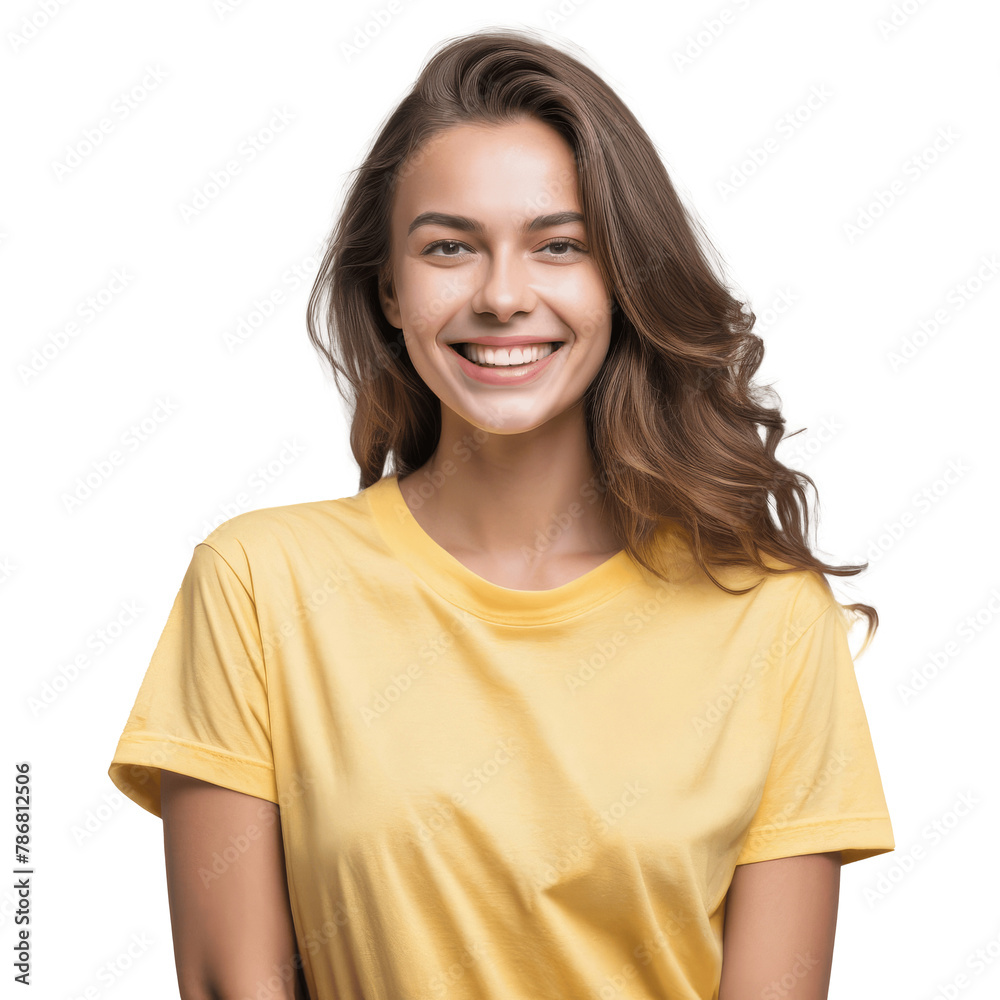 portrait of a happy woman wearing yellow t-shirt isolated on transparent background