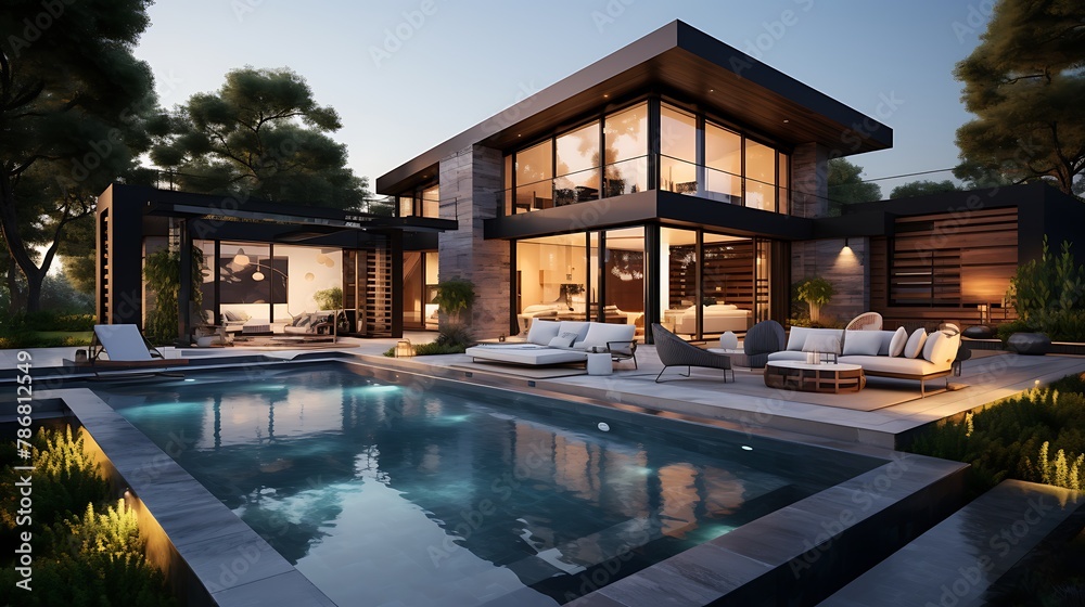 Modern black house with patio and pool  