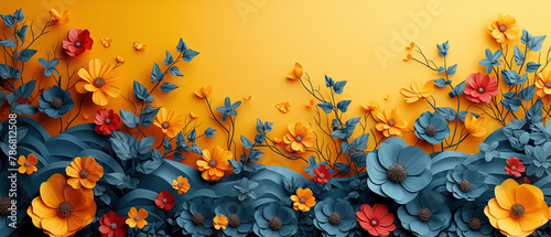 a large group of paper flowers on a yellow background © Masum