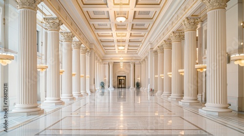 Spacious room adorned with marble pillars and a high ceiling. Elegant and luxurious interior design