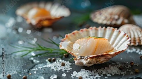 Close up view of fresh uncooked scallop with its shell on a grey table Room for text