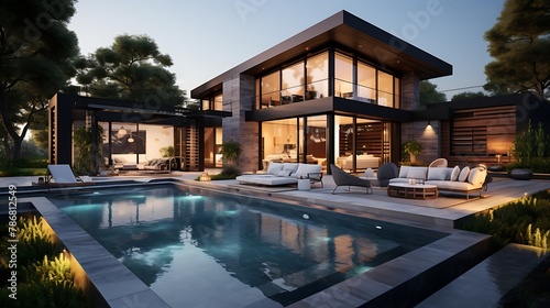 Modern black house with patio and pool 