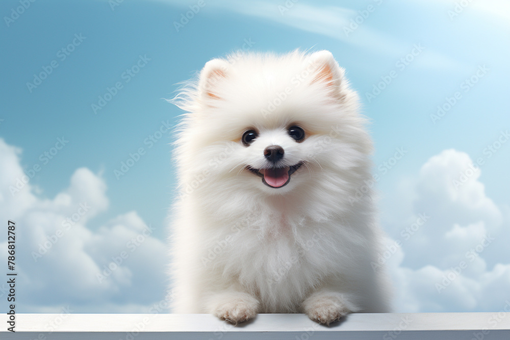 Cute Pomeranian dog on blue sky background with clouds.