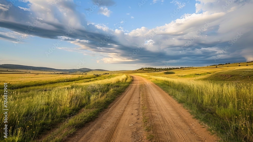 Rural dirt road stretching into the distance with cloudy skies overhead. Serene and atmospheric countryside vista