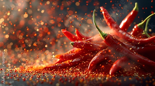 Copy Space Hot red chili pepper, fresh red hot chillies with chilli flakes design advertisement element